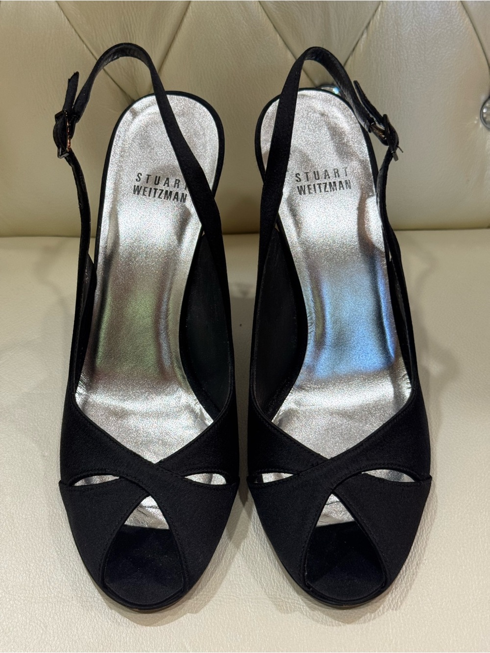 Stuart Weitzman Black Satin Peep-Toe Slingback Pumps